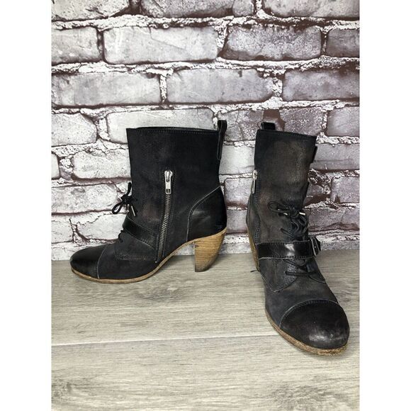 AllSaints Spitalfields Jacks Place Black Leather Zip Heel Strap Boots Women 38EU - Picture 3 of 16